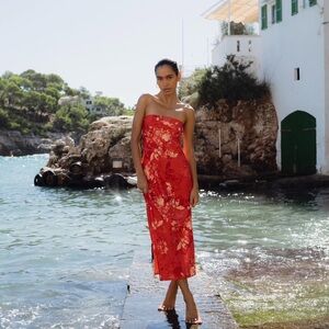 RESA Red Strapless Floral Midi Dress